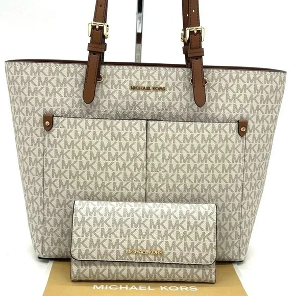 Michael Kors Medium Double Packet Tote Bag & Trifold Wallet Vanilla/Brown - Picture 1 of 13